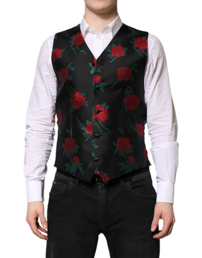 Dolce & Gabbana Rote Blumen Brokat Formal Männer Weste Weste