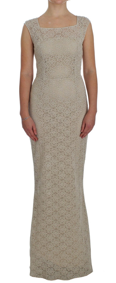 Dolce & Gabbana Beige Ricamo Baumwoll-Etuikleid mit Ausschnitt