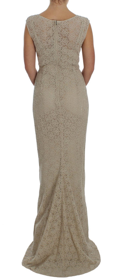 Dolce & Gabbana Beige Ricamo Baumwoll-Etuikleid mit Ausschnitt
