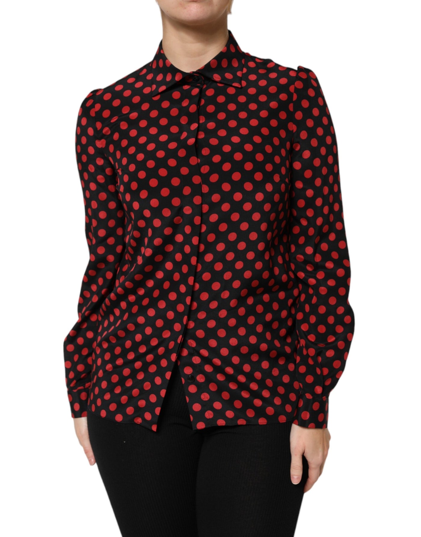 Dolce & Gabbana Schwarz-rot gepunktetes Seiden-Top mit langen Ärmeln