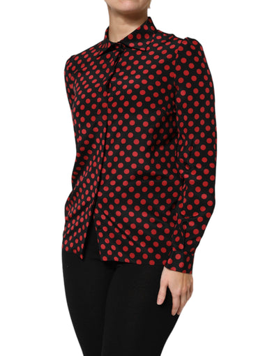 Dolce & Gabbana Schwarz-rot gepunktetes Seiden-Top mit langen Ärmeln