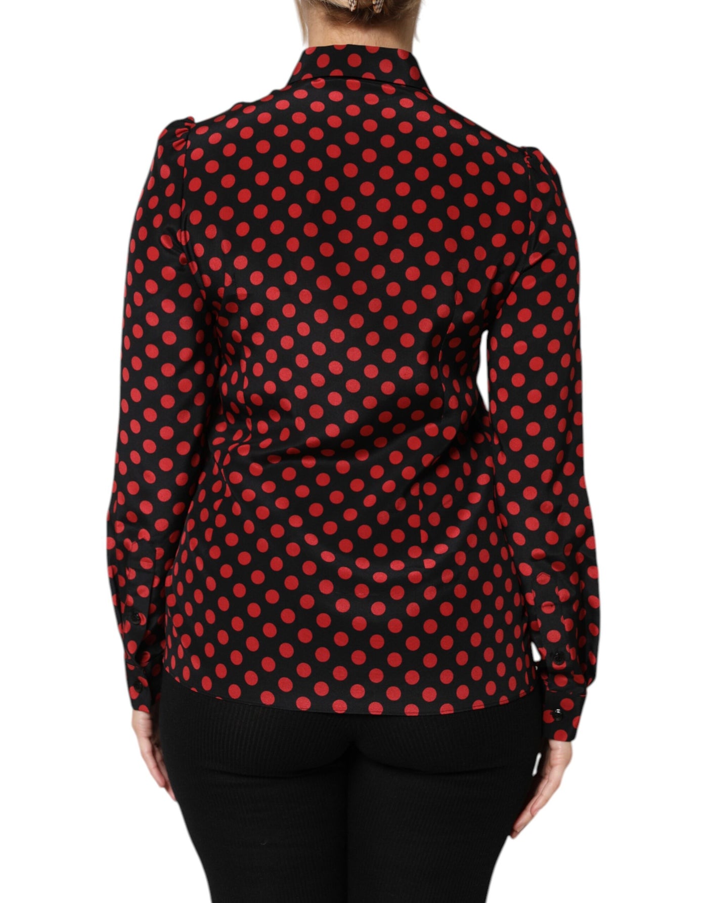 Dolce & Gabbana Schwarz-rot gepunktetes Seiden-Top mit langen Ärmeln