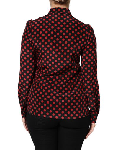 Dolce & Gabbana Schwarz-rot gepunktetes Seiden-Top mit langen Ärmeln