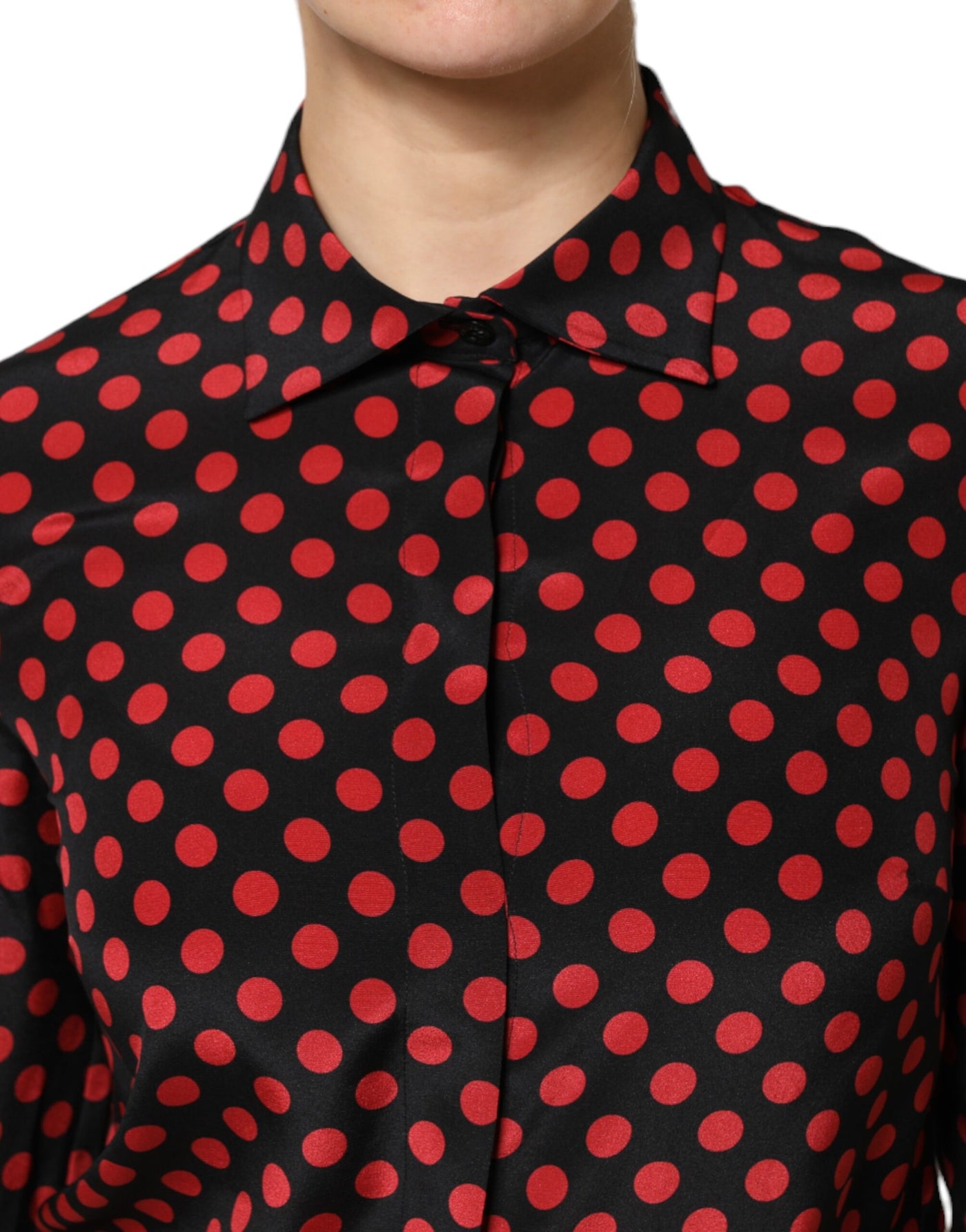 Dolce & Gabbana Schwarz-rot gepunktetes Seiden-Top mit langen Ärmeln