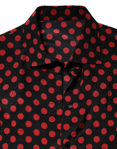 Dolce & Gabbana Schwarz-rot gepunktetes Seiden-Top mit langen Ärmeln