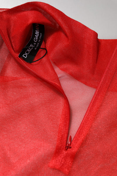 Dolce & Gabbana Rotes Tüll-Rollkragen-Blusentop mit langen Ärmeln