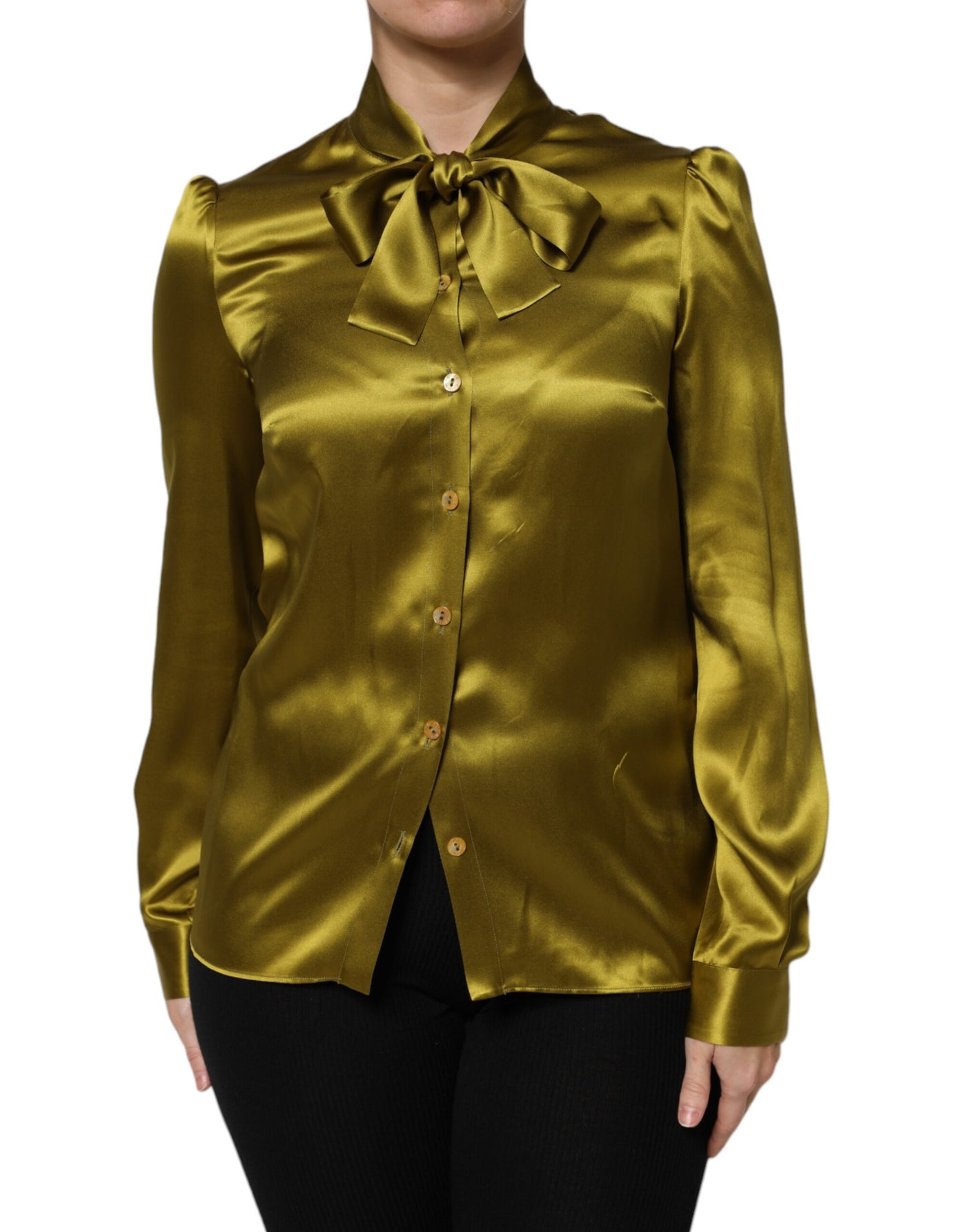 Dolce & Gabbana Grüner Ascot-Kragen Langarm-Bluse Top
