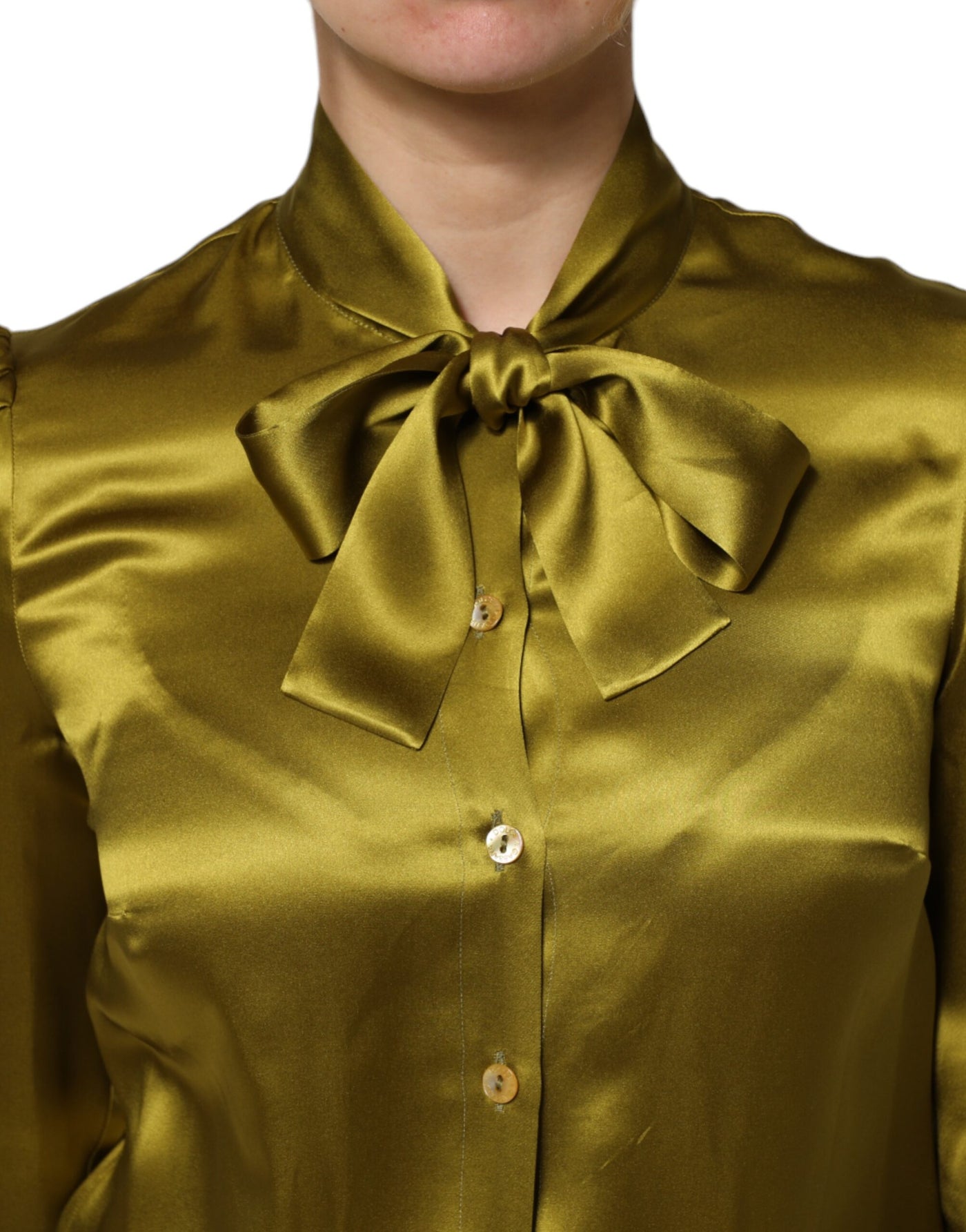 Dolce & Gabbana Grüner Ascot-Kragen Langarm-Bluse Top