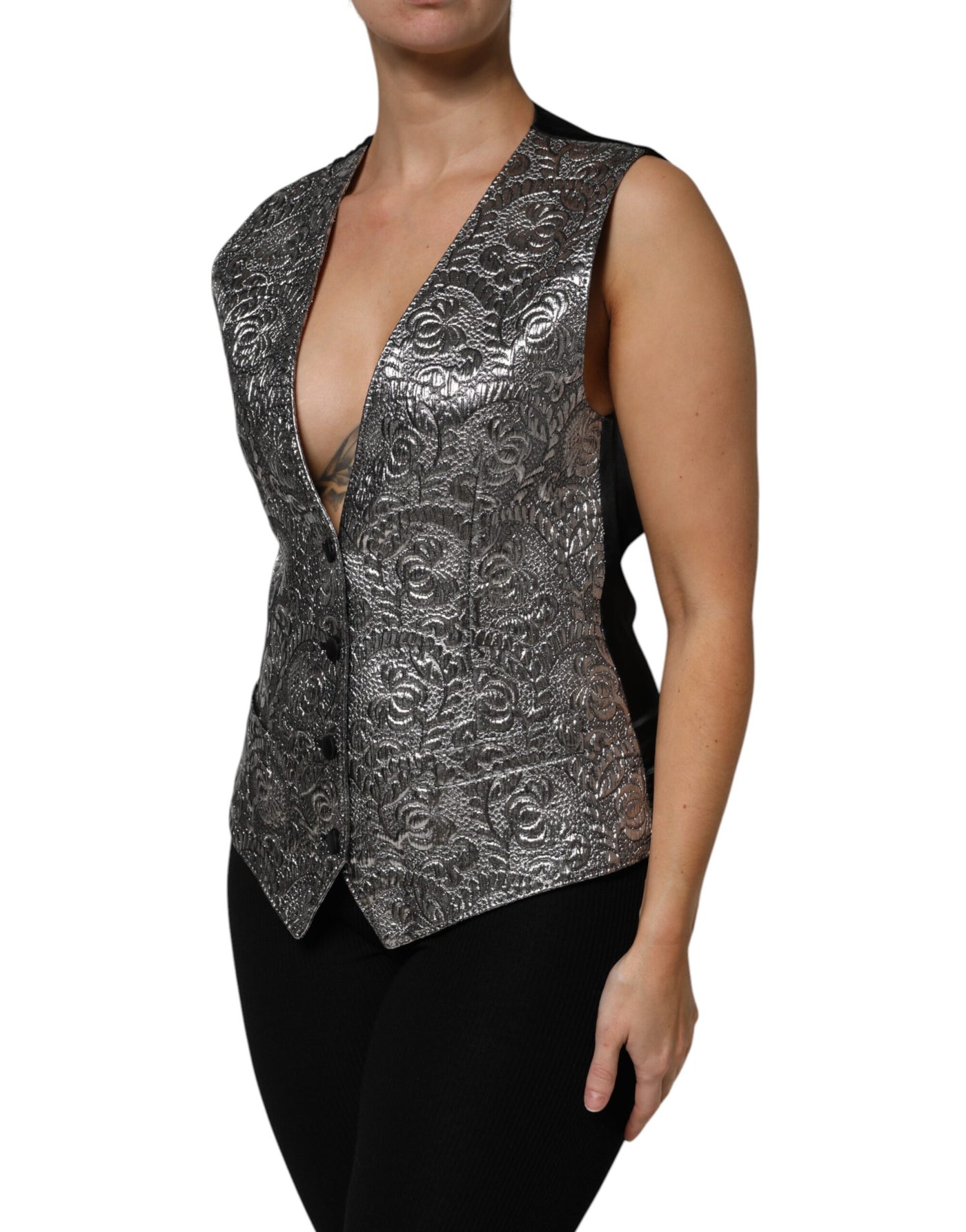 Dolce & Gabbana Silbernes ärmelloses Jacquard-Westenoberteil mit Blumenmuster