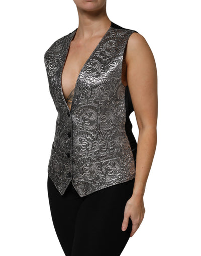Dolce & Gabbana Silbernes ärmelloses Jacquard-Westenoberteil mit Blumenmuster