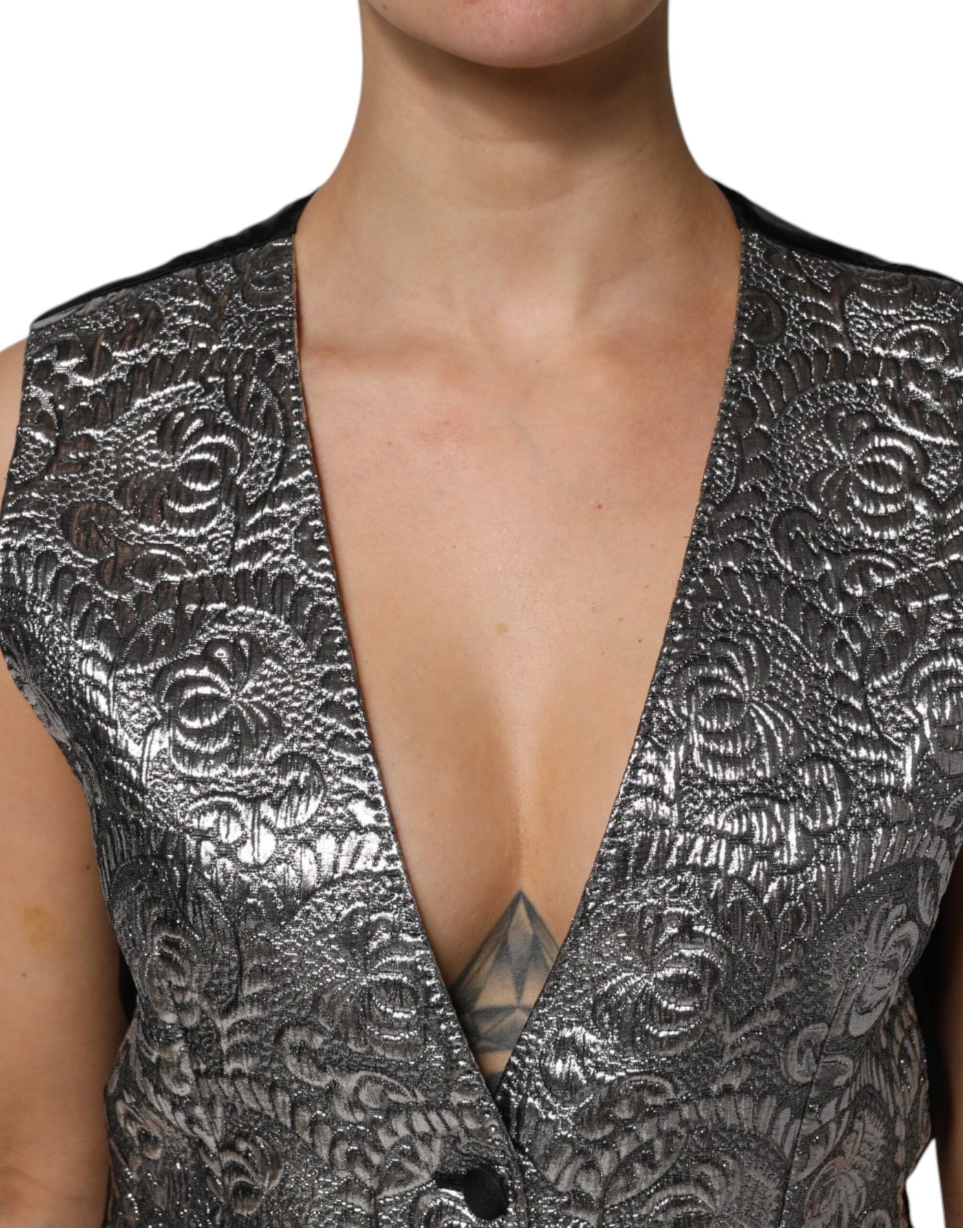 Dolce & Gabbana Silbernes ärmelloses Jacquard-Westenoberteil mit Blumenmuster