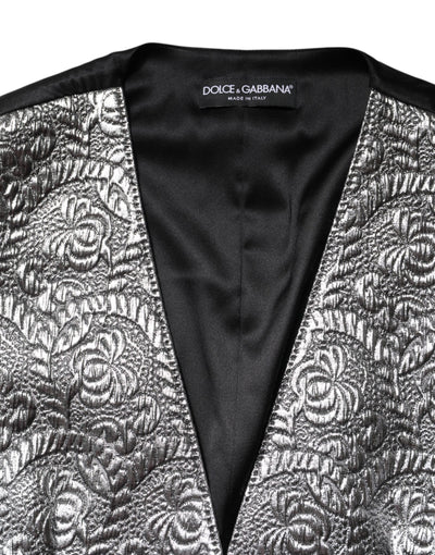 Dolce & Gabbana Silbernes ärmelloses Jacquard-Westenoberteil mit Blumenmuster