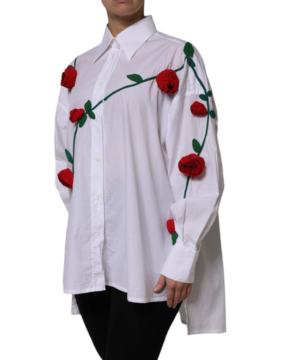 Dolce & Gabbana Weißes Baumwollkleid mit Blumenapplikationen Shirt Top
