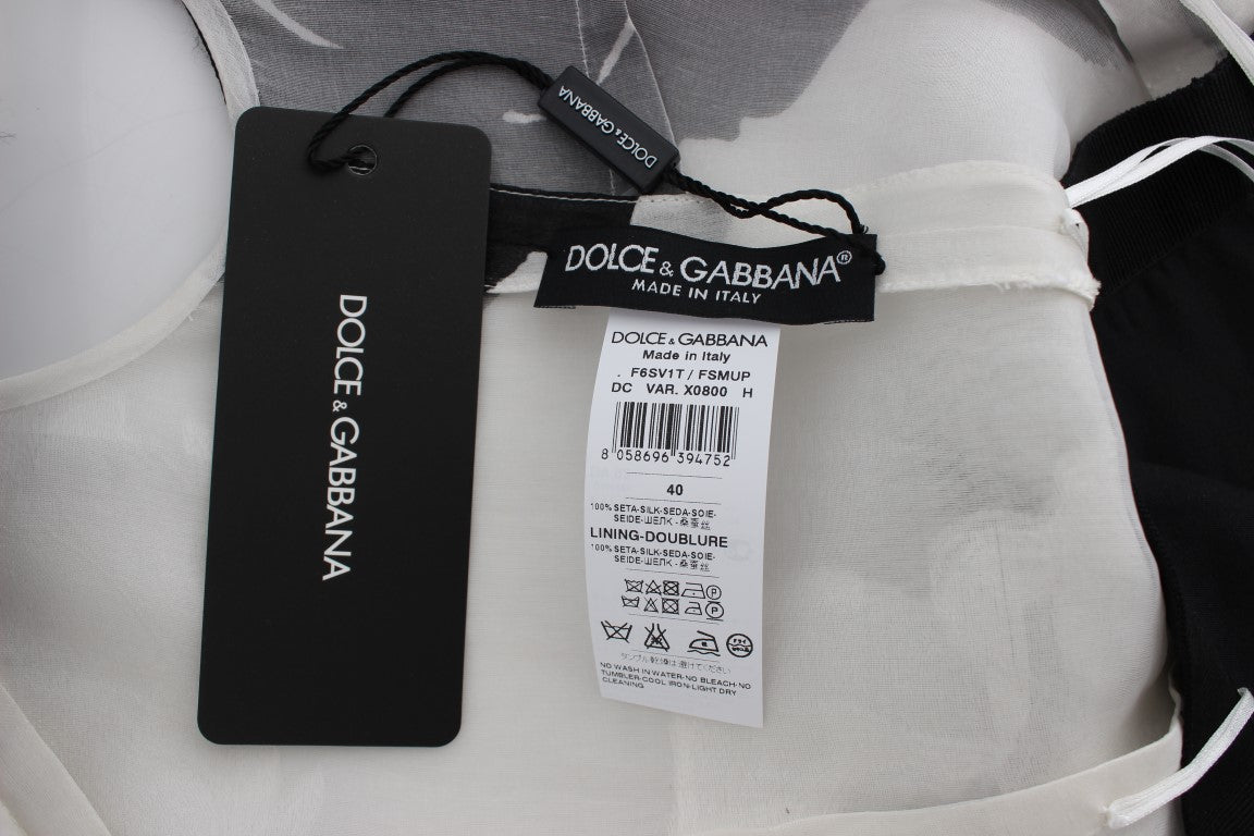 Dolce & Gabbana Schwarz Weiß Floral Seiden Etuikleid