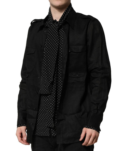 Dolce & Gabbana Schwarzes Polka Dot Leinen Seide Herren Freizeithemd