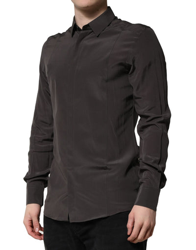 Dolce & Gabbana Dunkelbraunes Seidenhemd GOLD Herren Kleid Formales Hemd