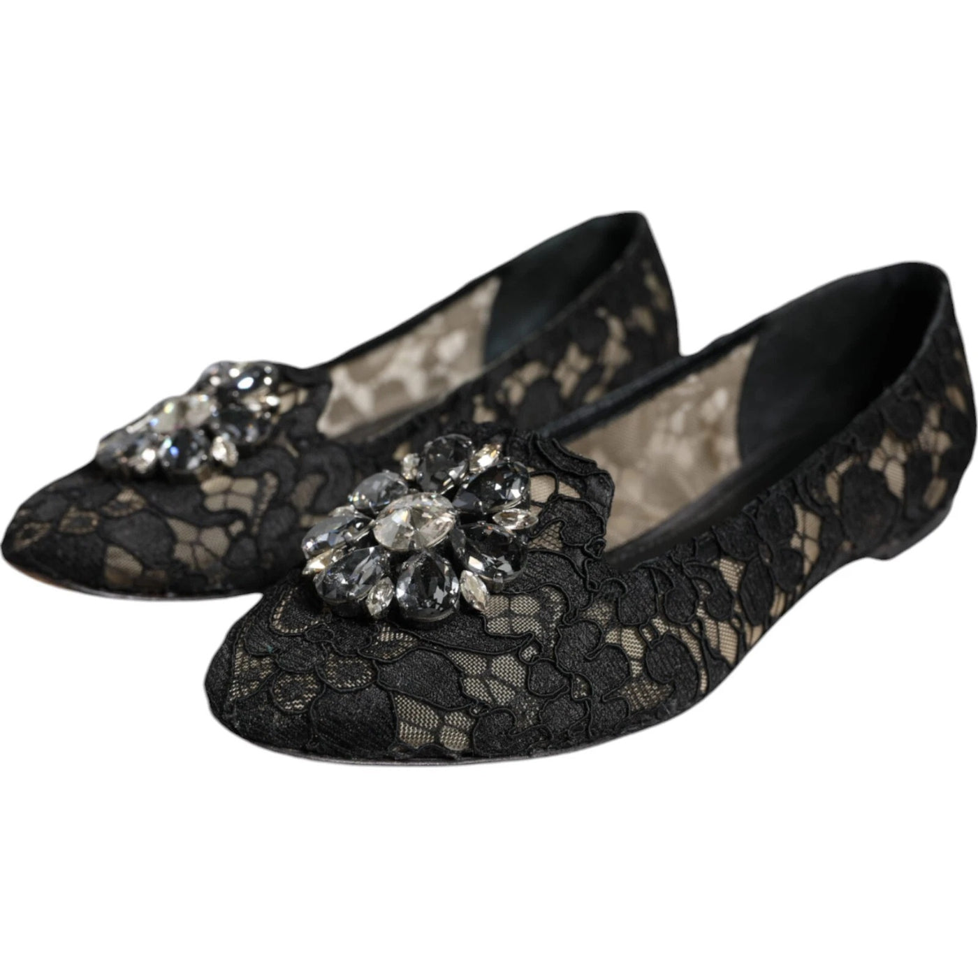 Dolce & Gabbana Schwarze Spitze Kristall Ballett Flats Loafer Schuhe