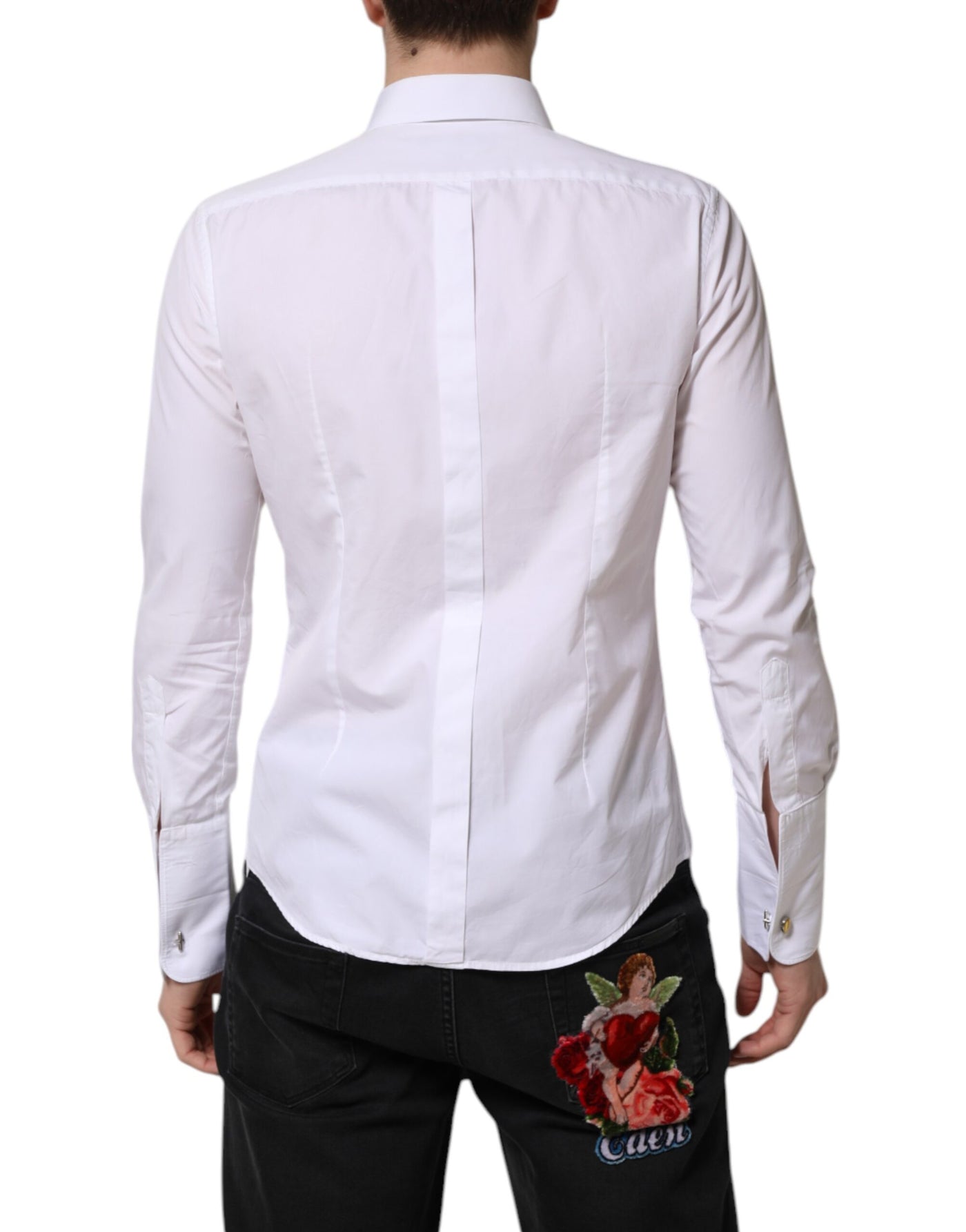 Dolce & Gabbana Weißes GOLD Langärmeliges Kleid Herren Formales Hemd