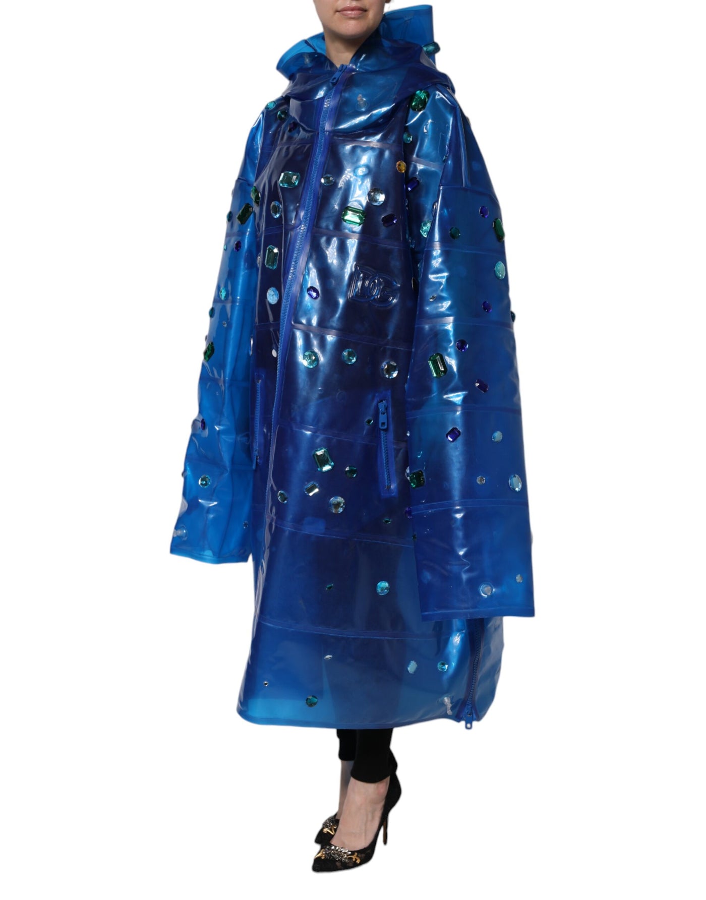 Dolce & Gabbana Blauer Kristall Regenmantel mit Kapuze