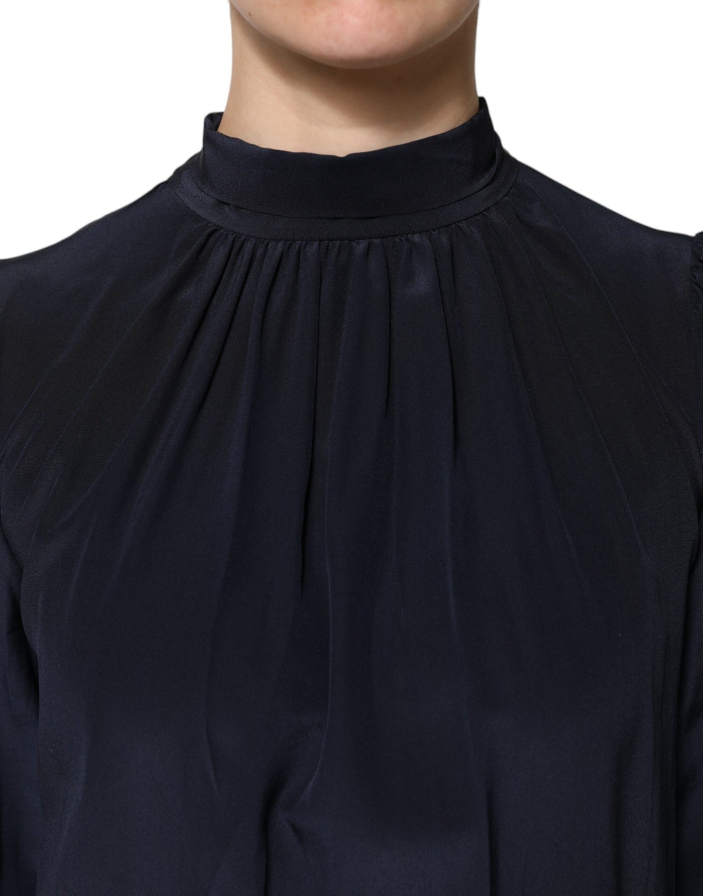 Dolce & Gabbana Blaues Seidenblusentop mit langem Ausschnitt und langen Ärmeln
