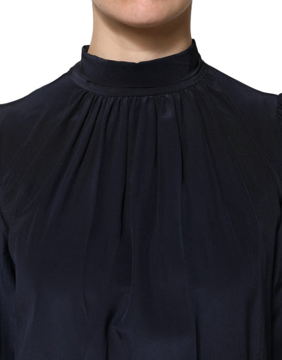 Dolce & Gabbana Blaues Seidenblusentop mit langem Ausschnitt und langen Ärmeln