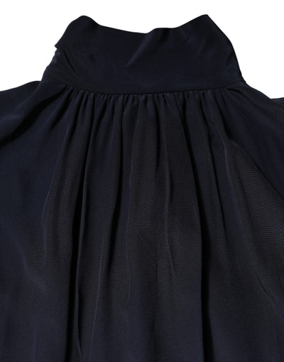 Dolce & Gabbana Blaues Seidenblusentop mit langem Ausschnitt und langen Ärmeln
