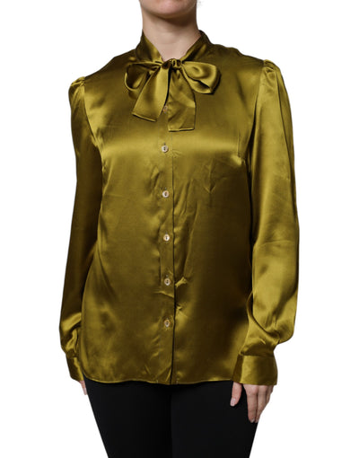 Dolce & Gabbana Grüner Ascot-Kragen Langarm-Bluse Top