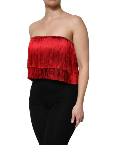 Dolce & Gabbana Rotes trägerloses Fransen-Crop-Top aus Seide