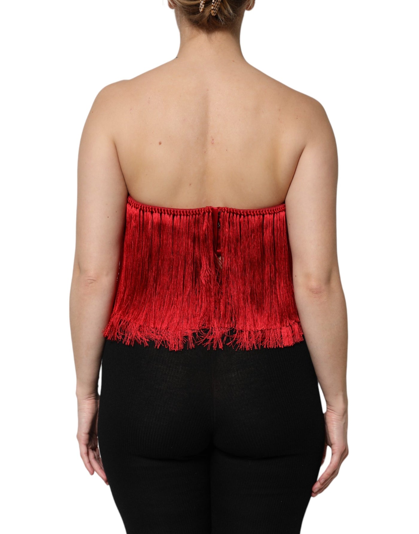 Dolce & Gabbana Rotes trägerloses Fransen-Crop-Top aus Seide