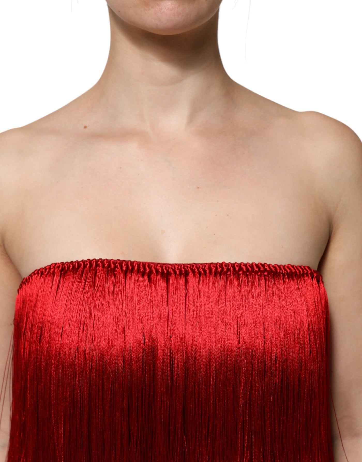 Dolce & Gabbana Rotes trägerloses Fransen-Crop-Top aus Seide