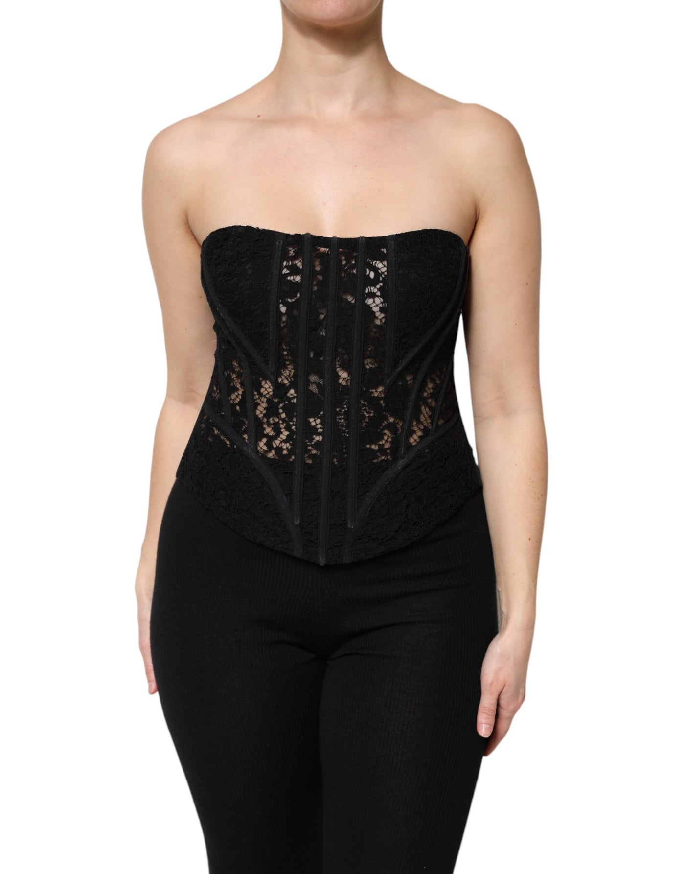 Dolce & Gabbana Schwarzes Cotton Floral Lace Korsett Bustier Top