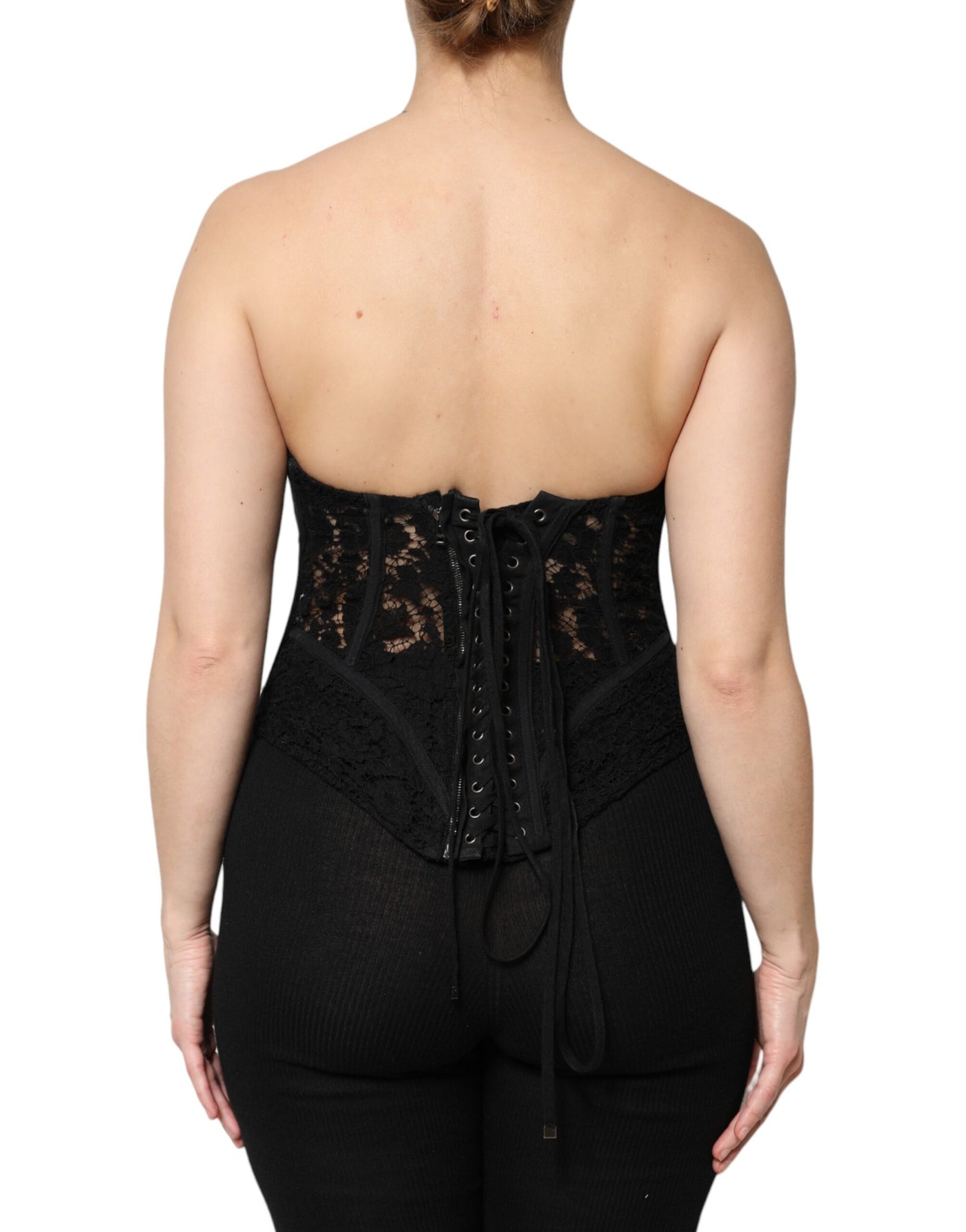 Dolce & Gabbana Schwarzes Cotton Floral Lace Korsett Bustier Top