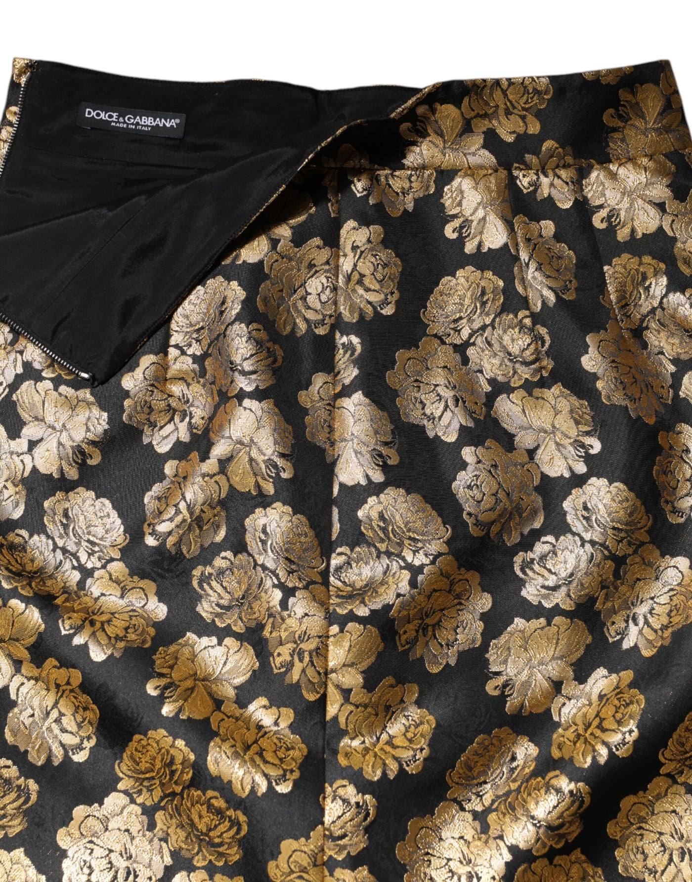 Dolce & Gabbana Schwarzgoldener Jacquard-Minirock mit Blumendruck