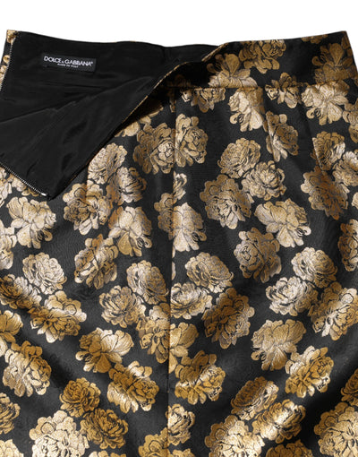 Dolce & Gabbana Schwarzgoldener Jacquard-Minirock mit Blumendruck