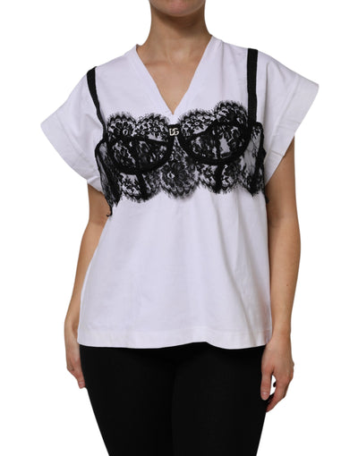Dolce & Gabbana Weißes Baumwoll-Spitzen-Top mit V-Ausschnitt und kurzen Ärmeln