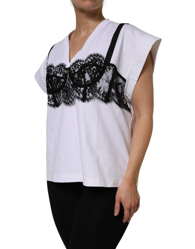 Dolce & Gabbana Weißes Baumwoll-Spitzen-Top mit V-Ausschnitt und kurzen Ärmeln