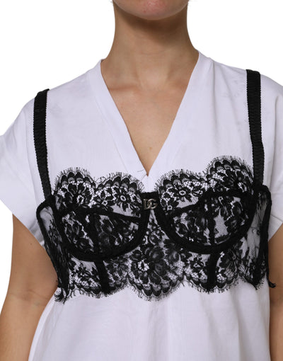 Dolce & Gabbana Weißes Baumwoll-Spitzen-Top mit V-Ausschnitt und kurzen Ärmeln