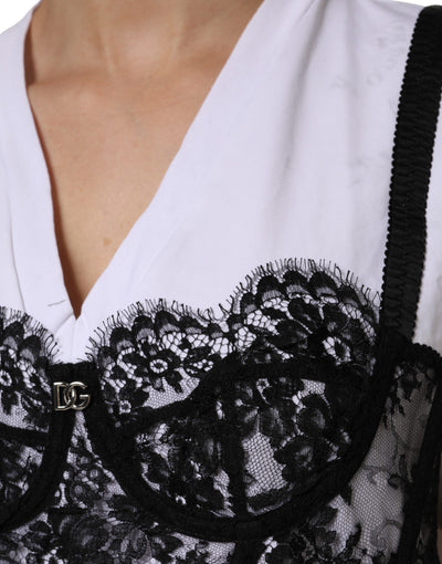 Dolce & Gabbana Weißes Baumwoll-Spitzen-Top mit V-Ausschnitt und kurzen Ärmeln