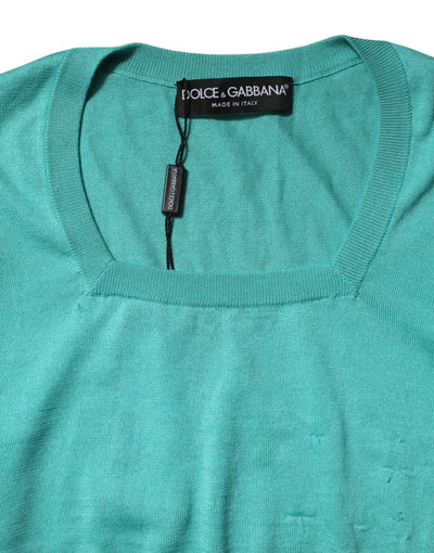 Dolce & Gabbana Aquablaues Seidenoberteil mit kurzen Ärmeln und quadratischem Ausschnitt
