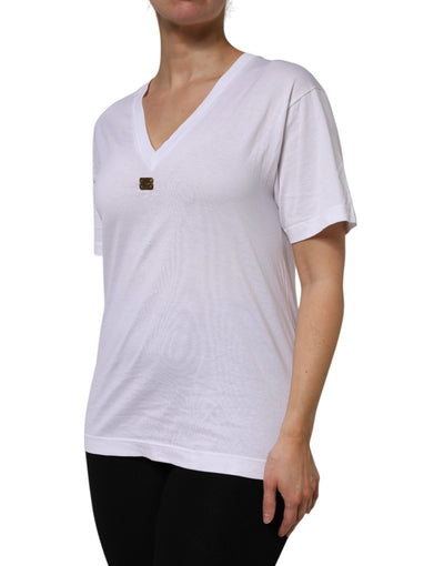 Dolce & Gabbana Weißes Baumwoll-T-Shirt mit kurzen Ärmeln und V-Ausschnitt
