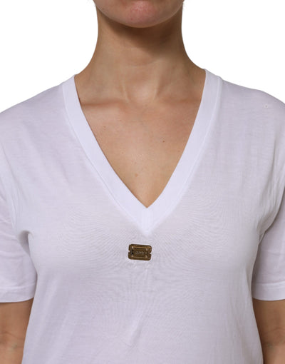 Dolce & Gabbana Weißes Baumwoll-T-Shirt mit kurzen Ärmeln und V-Ausschnitt