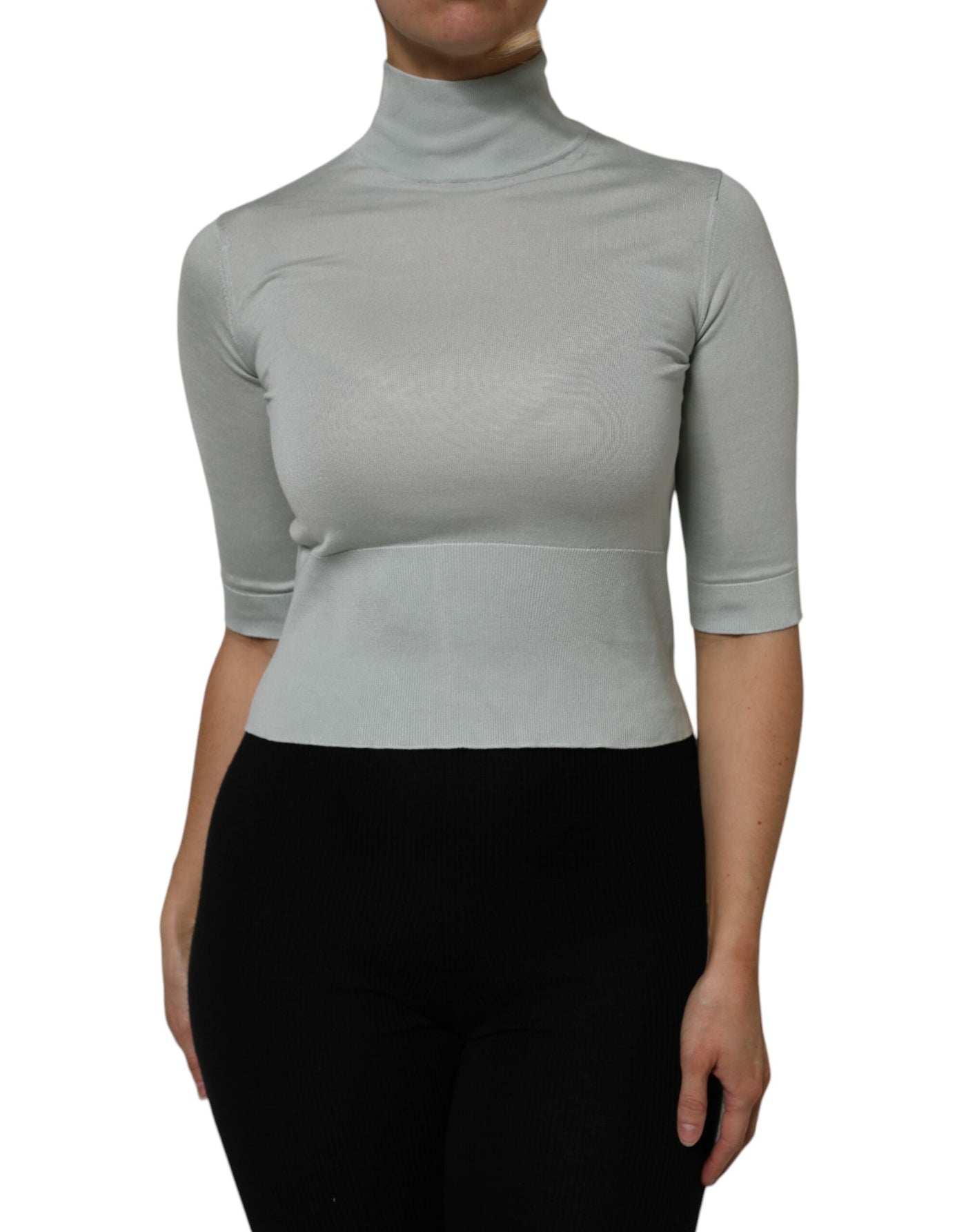Dolce & Gabbana Hellgrünes Seiden-Rollkragen-Top mit 3/4-Ärmeln