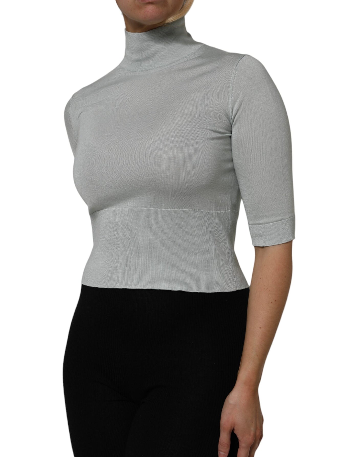 Dolce & Gabbana Hellgrünes Seiden-Rollkragen-Top mit 3/4-Ärmeln
