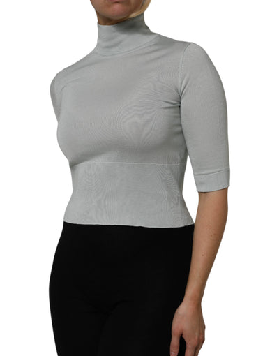 Dolce & Gabbana Hellgrünes Seiden-Rollkragen-Top mit 3/4-Ärmeln