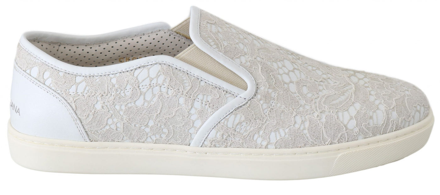 Dolce & Gabbana Weiße Leder Spitze Slip On Loafers Schuhe
