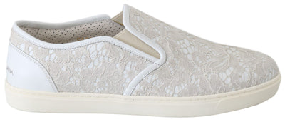 Dolce & Gabbana Weiße Leder Spitze Slip On Loafers Schuhe