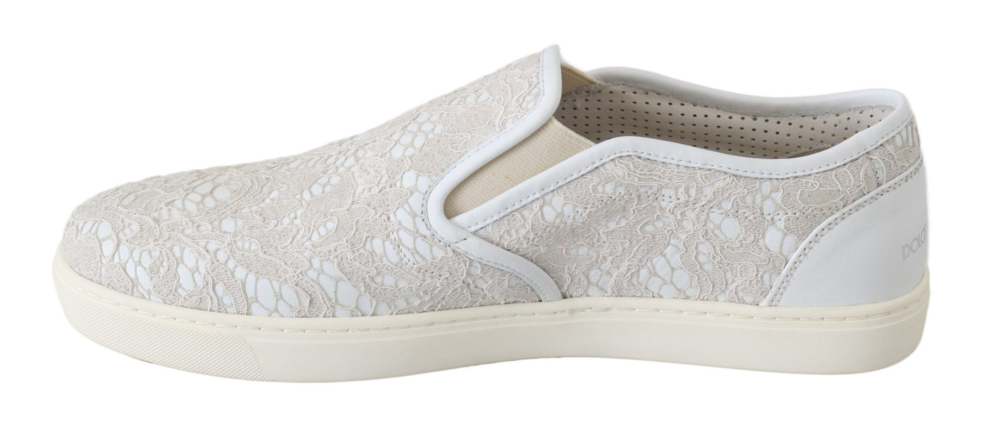 Dolce & Gabbana Weiße Leder Spitze Slip On Loafers Schuhe