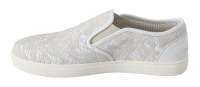 Dolce & Gabbana Weiße Leder Spitze Slip On Loafers Schuhe