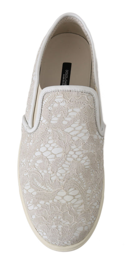 Dolce & Gabbana Weiße Leder Spitze Slip On Loafers Schuhe