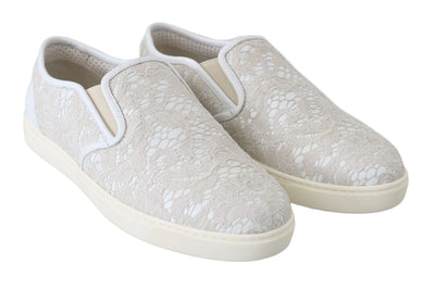 Dolce & Gabbana Weiße Leder Spitze Slip On Loafers Schuhe